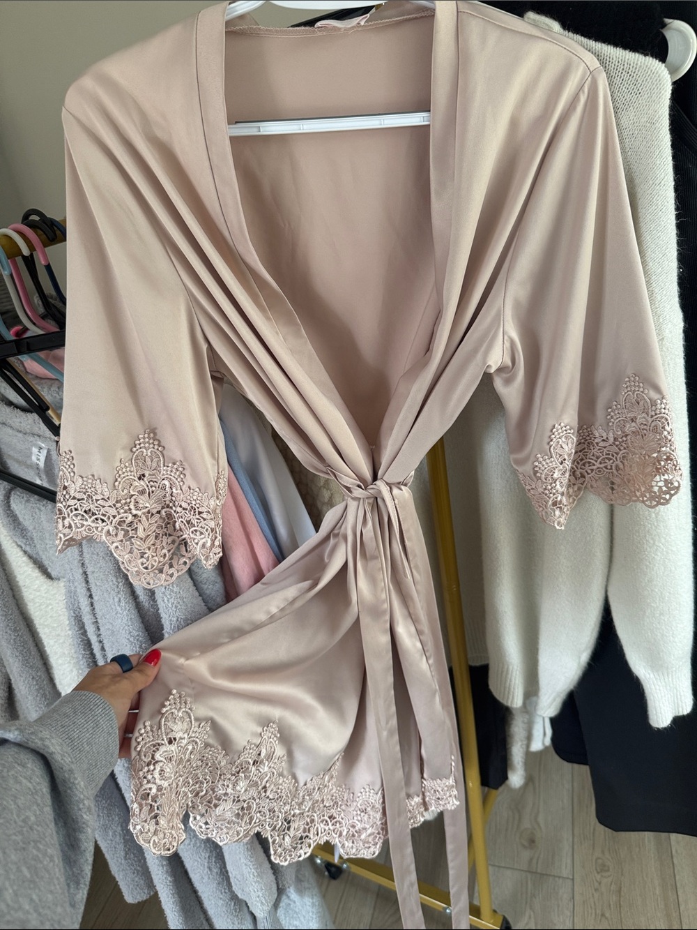 Lace-Trim Satin Tie-Waist Robe — Blush Pink